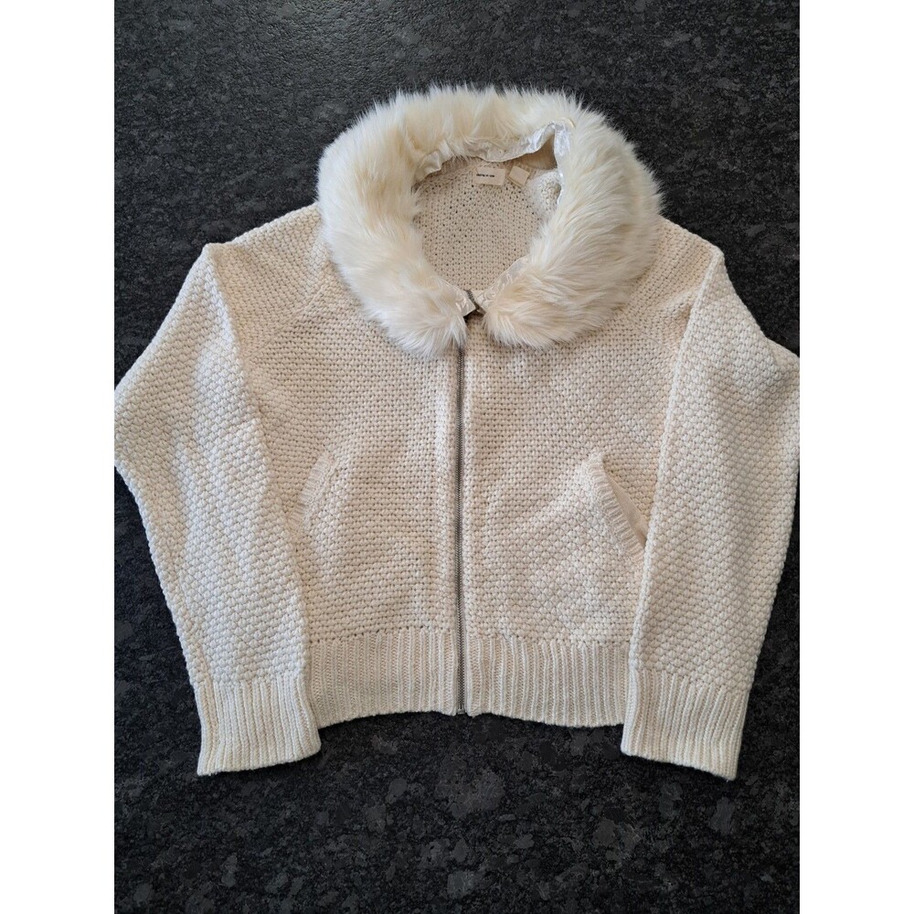Sleeping on Snow Anthropologie Ivory Cardigan Faux Fur Detachable Collar Size L